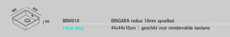 ABK Bingara płytki zlewozmywak ze stali nierdzewnej dla osób niepełnosprawnych, głębokość 10 cm, 40x40 cm, montaż na równi z blatem, podblatowy i nablatowy BIN4010FVI
