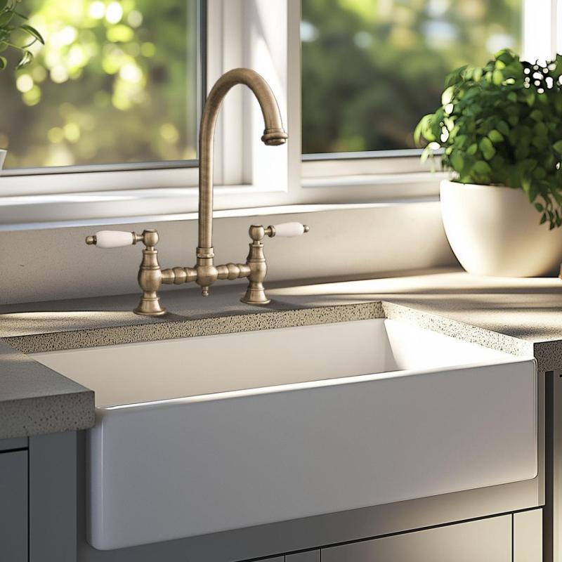 PB Nostalgiczny Kran Kuchenny w Stylu Retro Brązowy z Okrągłą Wylewką i Białymi Uchwytami PBN.BRO.R.WH