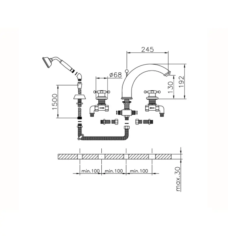 Huber Victorian 4-otworowa bateria wannowa z zestawem prysznicowym złota VT0002602G