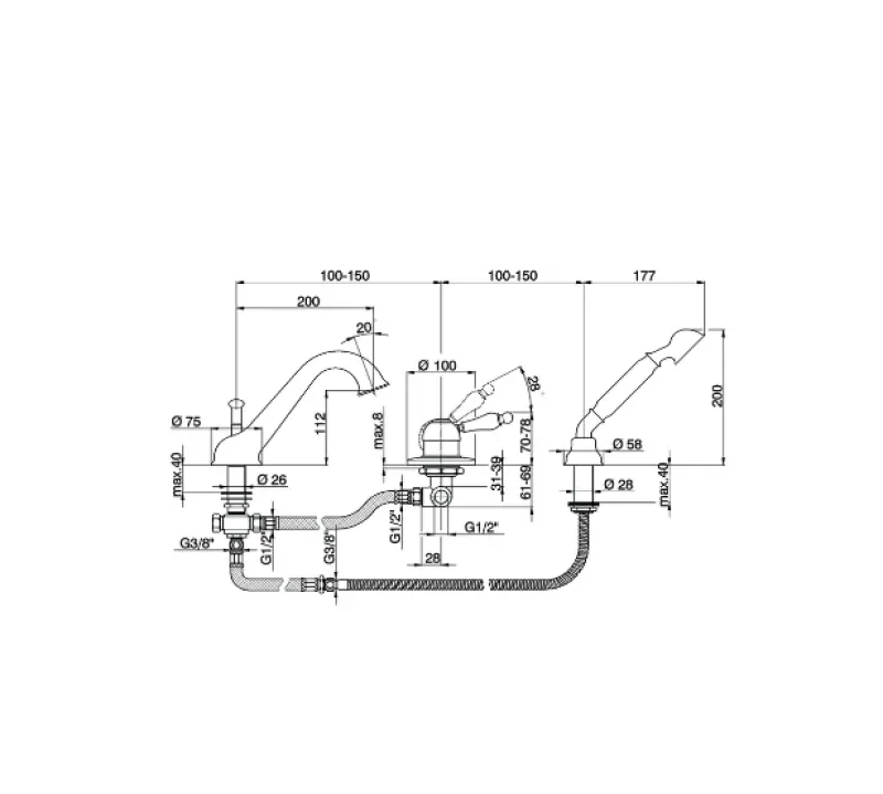 Cisal Arcana Empress 3-otworowa bateria wannowa z rączką prysznicową Chrom-Złoto EM00126074