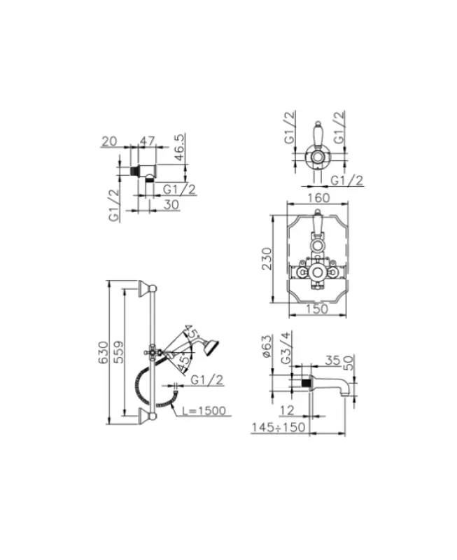 Huber Victorian Termostatyczny Zestaw Prysznicowo-Wannowy Podtynkowy Złoty 914.VT01H.AG