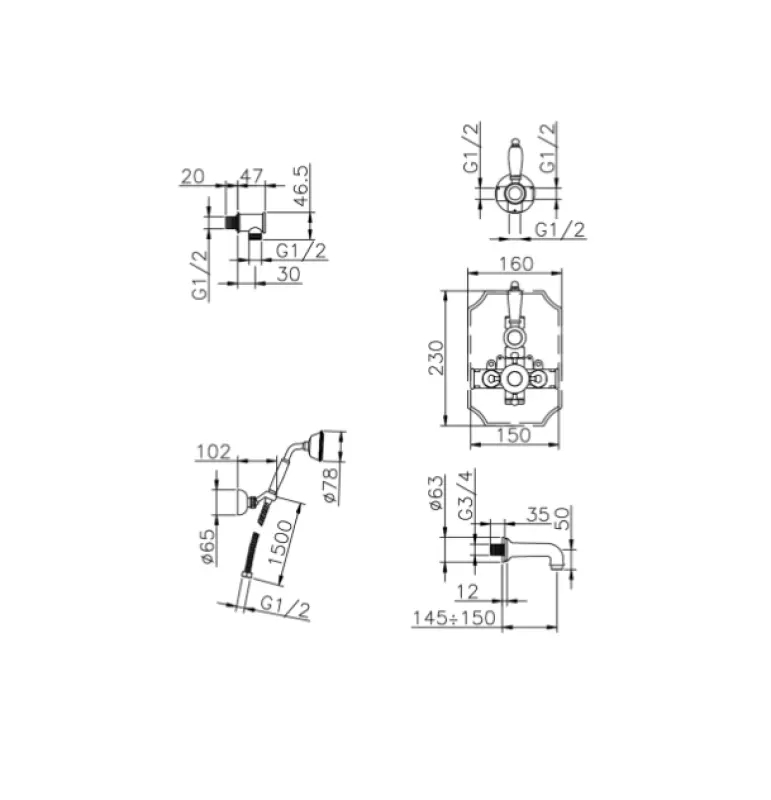 Huber Victorian Termostatyczny Zestaw Prysznicowo-Wannowy Podtynkowy Złoty 915.VT01H.AG