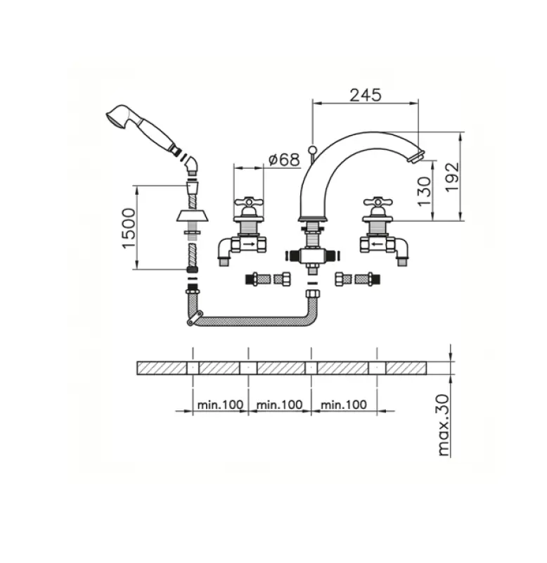 Huber Croisette 4-otworowa Bateria wannowa Złota CS0002602G