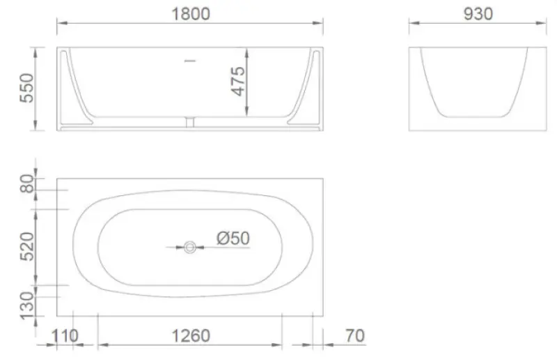 Solid-S Wolnostojąca wanna Recto z litego materiału Corian, wymiary: dł. 180 cm x szer. 93 cm x wys. 55 cm, kolor matowa biel – ostatni egzemplarz w magazynie