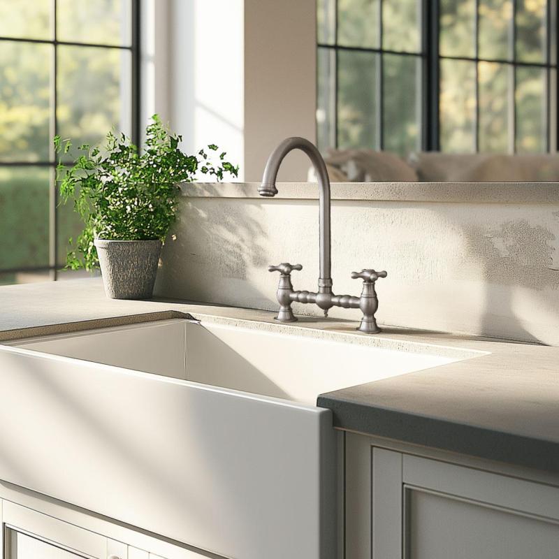 PB Nostalgiczna Kuchnia Mostowa Kran RVS okrągła wylewka z gwiazdkowymi uchwytami PBN.RVS.R.ST