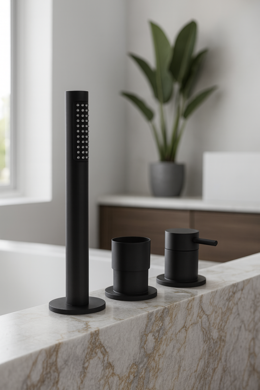 Waterevolution Flow 3-otworowa bateria wannowa do montażu na krawędzi wanny Matowa Czarna T138SBPR