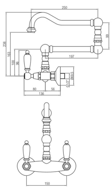 PB klasyczny kran Montowany na ścianie Białe uchwyty Dodatkowo długa obrotowa wylewka Chrom 1208854232