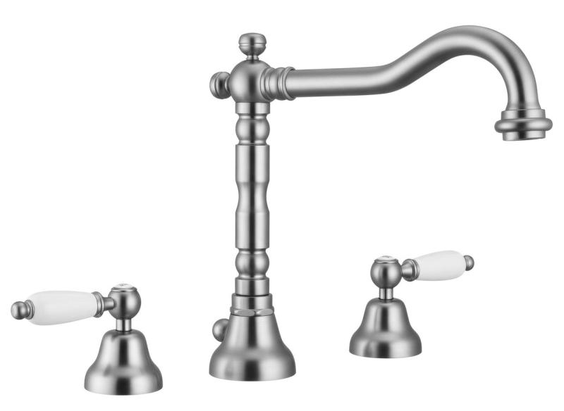 PB klasyczna bateria umywalkowa 3-otworowa Białe uchwyty Stal nierdzewna 1208854282