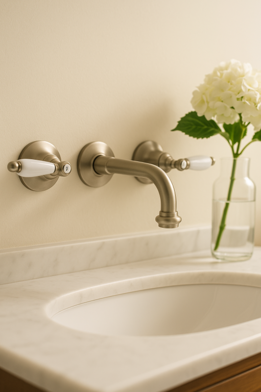 PB klasyczna bateria podtynkowa ścienna z białymi uchwytami, wylewka 16 cm, stal nierdzewna 1208854342.