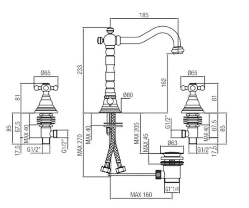 PB klasyczna 3-otworowa bateria umywalkowa z pokrętłami gwiazdowymi, wylewka 18,5 cm, chrom 1208854922
