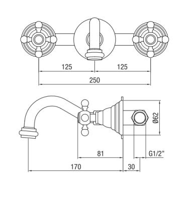 PB klasyczna wbudowana bateria ścienna z pokrętłami gwiazdkowymi, wylewka 16 cm, chrom 1208855042