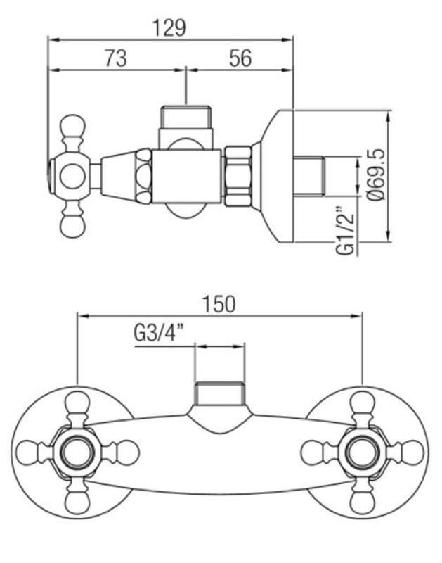 PB klasyczna bateria natynkowa prysznicowa z pokrętłami w kształcie gwiazdy, przyłącze górne ze stali nierdzewnej 1208855322