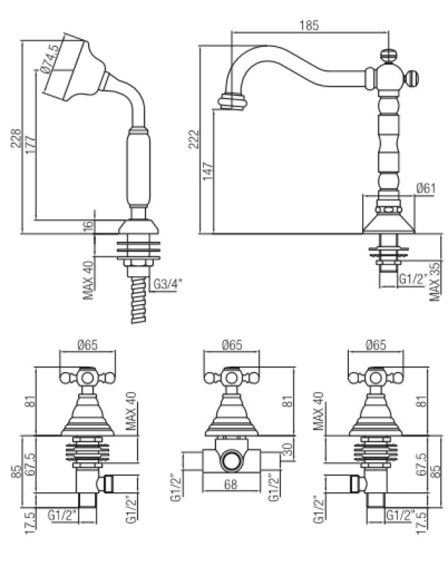 PB klasyczna 5-otworowa bateria wannowa z gwiazdkowymi pokrętłami brąz 1208855782
