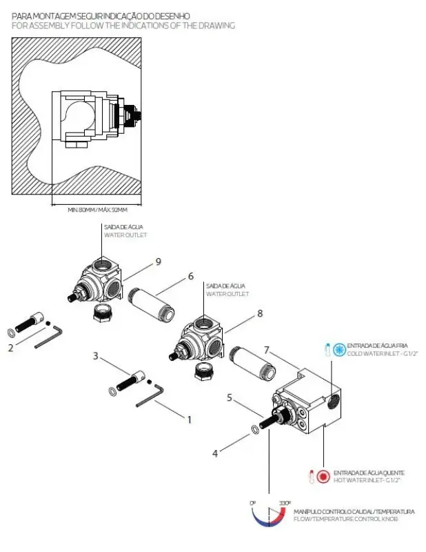Waterevolution Flow termostat podtynkowy z 3 zaworami odcinającymi, szczotkowany mosiądz 1208916462
