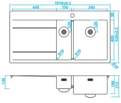 Caressi RVS 1,5 zlew z ociekaczem po lewej stronie CAPP1534ABR B101xL52 montaż nablatowy, podwieszany i wpuszczany 1208921301