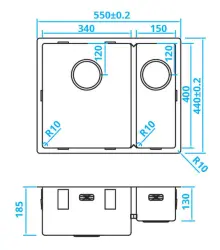 Caressi 1,5 zlewozmywak ze stali nierdzewnej CA3415R10 B34+B15xL40xG18,5cm montaż podwieszany, wpuszczany lub na równi z blatem 1208921375