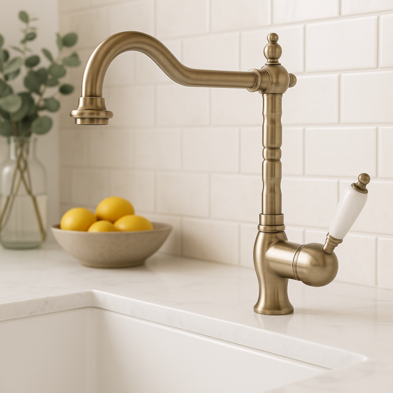 PB nostalgiczna jednouchwytowa bateria kuchenna montowana na blacie biała rączka RVS 1208952878