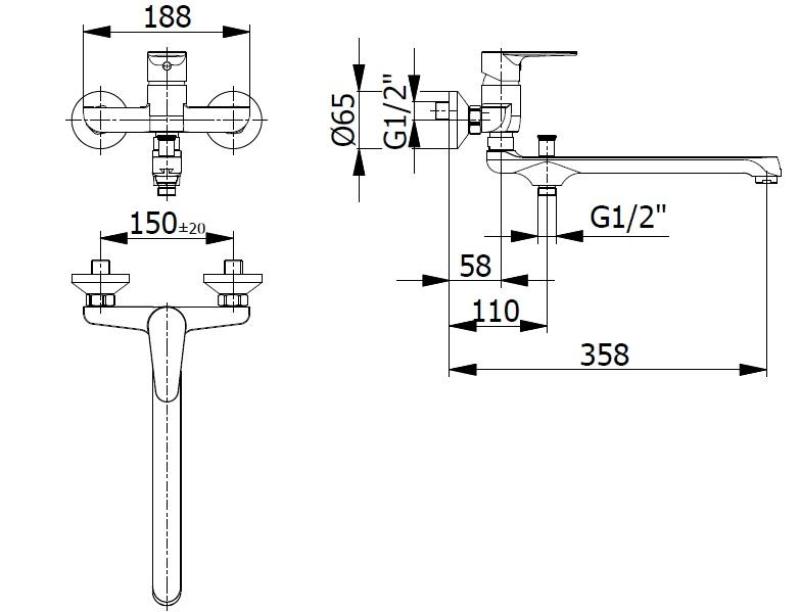 Specjalna bateria ścienna Blusani, bateria ścienna chromowana z długą wylewką 35 cm i rączką natryskową 1208952919