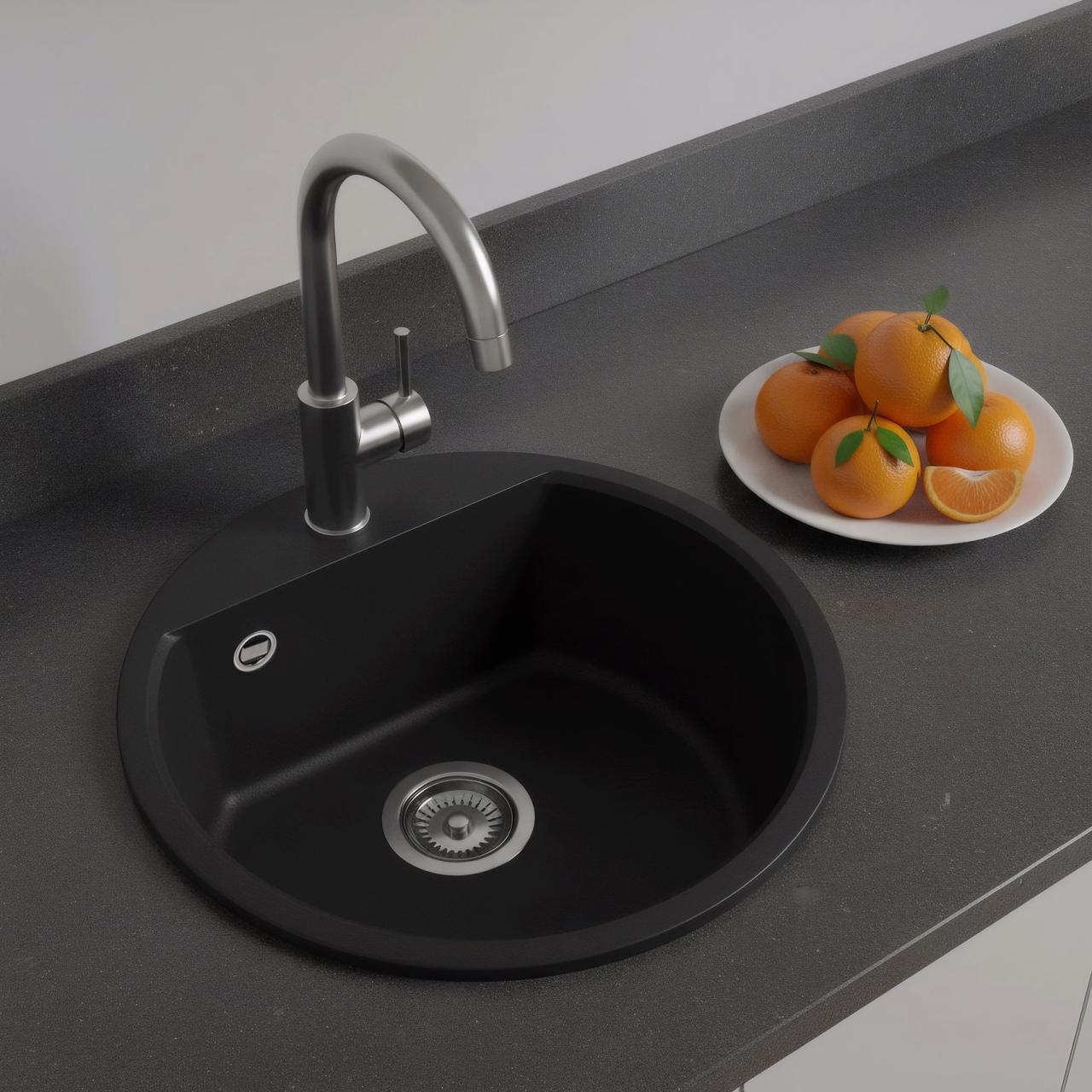 GraniteMy Bremen okrągły granitowy zlew 43 cm czarny nablatowy i podblatowy z półką na baterię ze stalowym korkiem 1208953206 - Productafbeelding 2