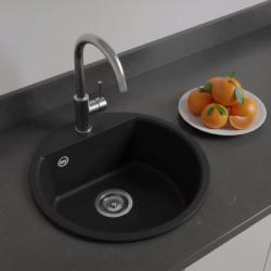 GraniteMy Bremen okrągły granitowy zlew 43 cm czarny nablatowy i podblatowy z półką na baterię ze stalowym korkiem 1208953206