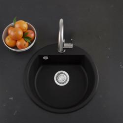 GraniteMy Bremen okrągły granitowy zlew 43 cm czarny nablatowy i podblatowy z półką na baterię ze stalowym korkiem 1208953206