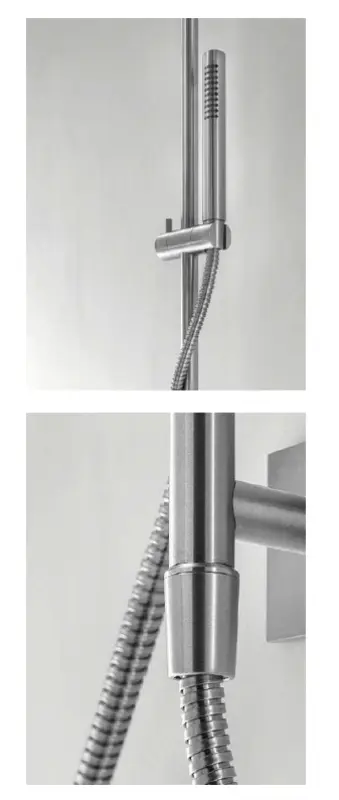 SB 316 Zestaw prysznicowy z kwadratowym drążkiem przesuwnym, słuchawką prysznicową i wężem prysznicowym, stal nierdzewna.