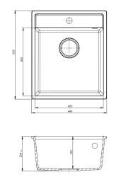 GraniteMy Bremen Zlewozmywak Granitowy 44x52 cm Czarny – Montaż nablatowy, podblatowy i wpuszczany z półką na baterię i stalowym korkiem 1208953861.