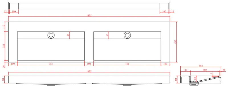 Solid-S Marmurowa podwójna umywalka z czarnego marmuru mat bez otworu na baterię z solidną osłoną B180xD45xH8 1208953889