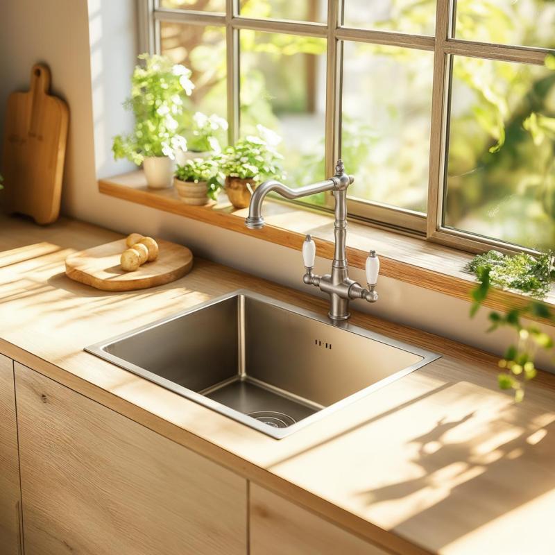 PB Nostalgiczny klasyczny rustykalny kran kuchenny ze stali nierdzewnej z białymi uchwytami 1208953915