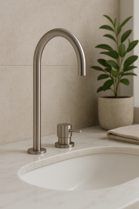 Waterevolution Flow 2-otworowa bateria umywalkowa, całkowicie ze stali nierdzewnej, z wysokim wylewką 200 mm T1122UIE