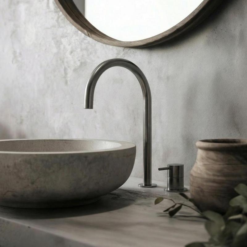 Waterevolution Flow 2-otworowa bateria umywalkowa PVD Gun Metal z wysokim U 200 mm wylewką T1122UGME