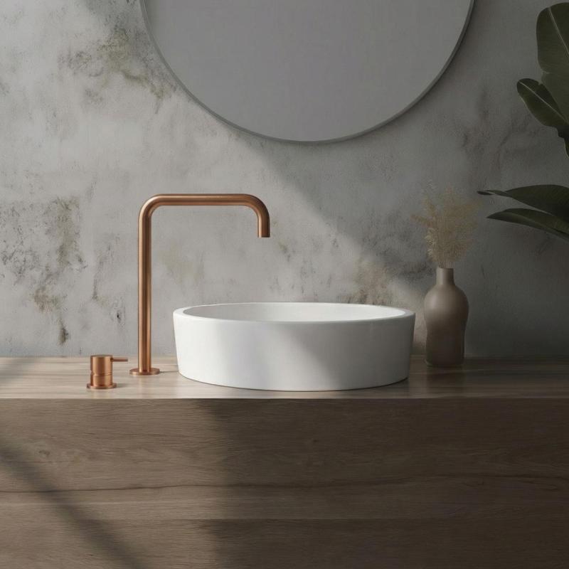 Waterevolution Flow 2-otworowa bateria umywalkowa z wysoką wylewką 222 PVD Szczotkowana Miedź T122HCPE