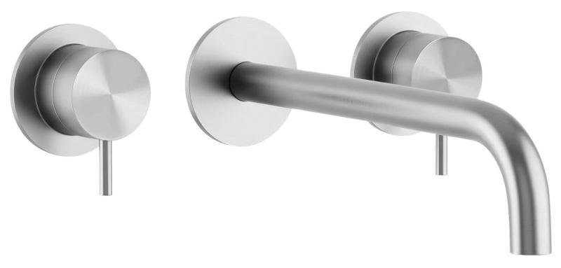 Waterevolution Flow 3-otworowa bateria umywalkowa do montażu podtynkowego, w całości ze stali nierdzewnej, z wylewką 15 cm T1163FIE-15