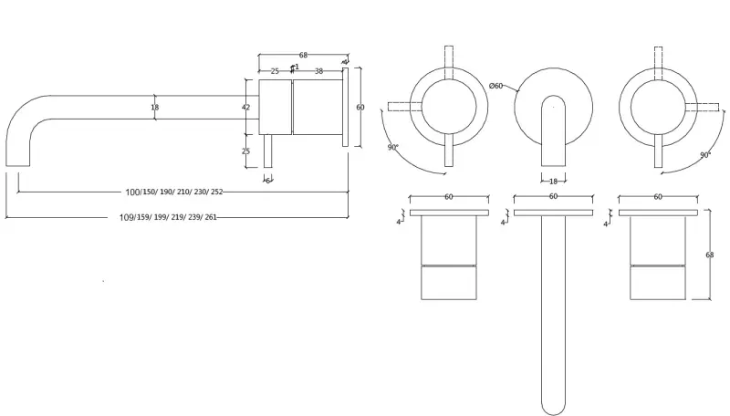 Waterevolution Flow 3-otworowa bateria umywalkowa do montażu podtynkowego, w całości z szczotkowanego mosiądzu, z wylewką 15 cm T1163FLE-15