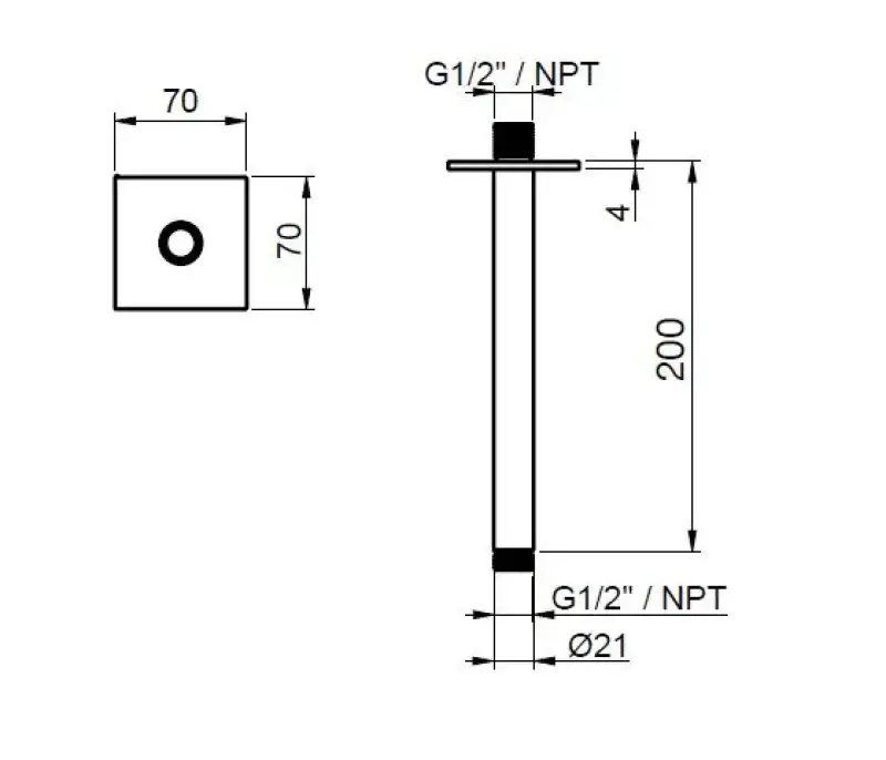 SB Square 316 ramię prysznicowe sufitowe okrągłe 20 cm szczotkowana masywna stal nierdzewna 316