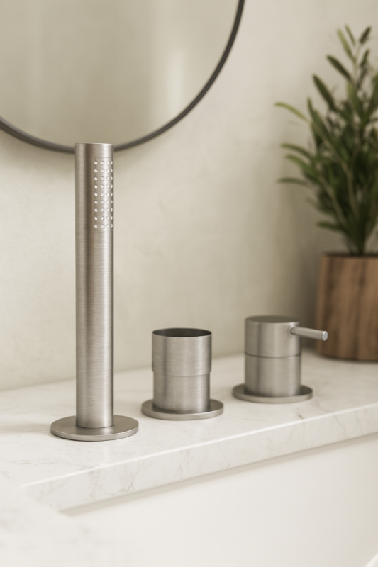 Waterevolution Flow 3-otworowa bateria wannowa do montażu na brzegu wanny ze stali nierdzewnej RVS T138SBIE