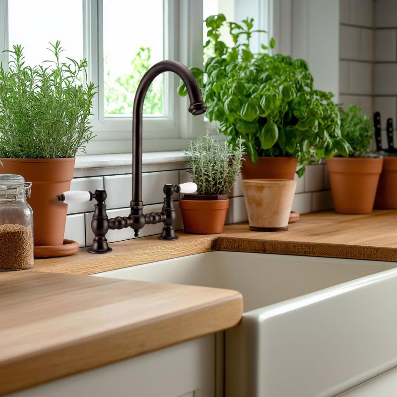 PB Nostalgiczny kuchenny kran mostowy ciemny miedź z okrągłą wylewką i białymi uchwytami 1208954666