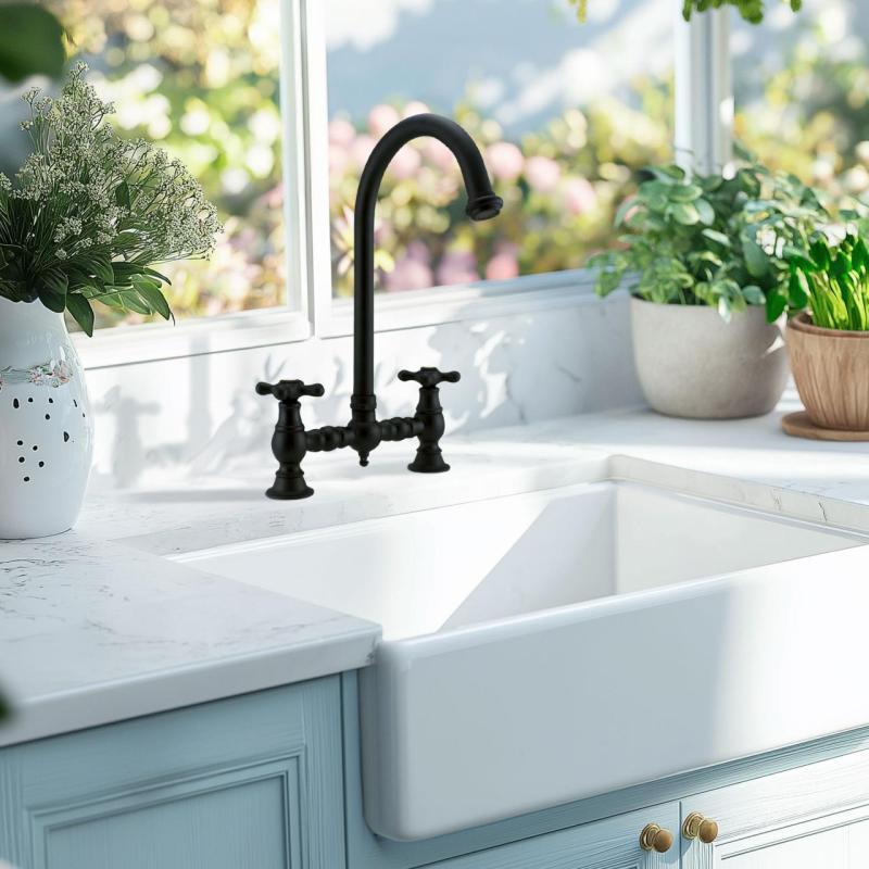 PB Nostalgiczny Kran Kuchenny Mostek matowy czarny z okrągłą wylewką i gwiazdkowymi uchwytami 1208954671