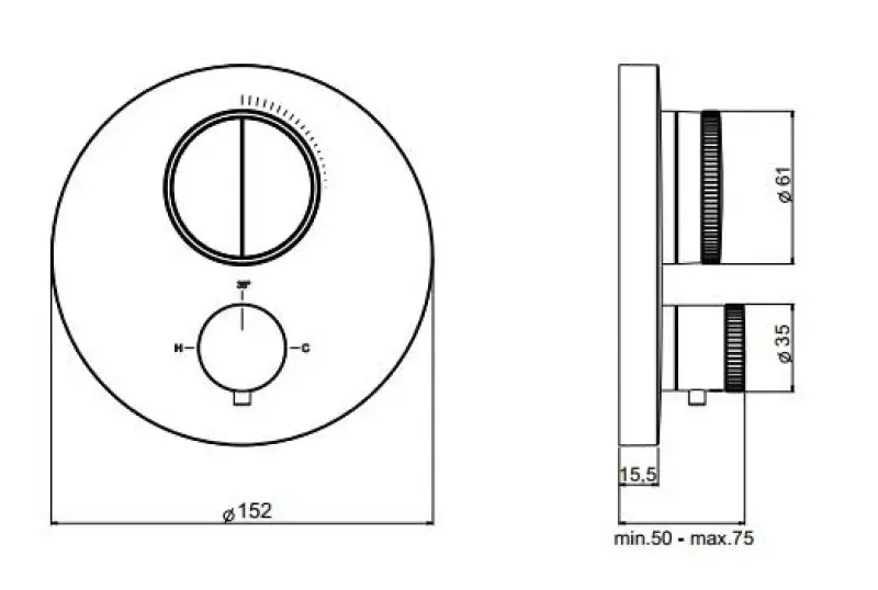 SB Push Round Wbudowana bateria termostatyczna z przełącznikiem przyciskowym i regulatorem przepływu RVS 1208955060