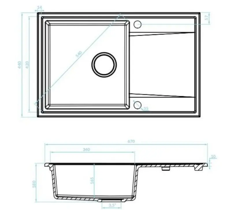 Granieten opbouw spoelbak Aquadesign Cesena met afdruip, omkeerbaar, kleur zwart.