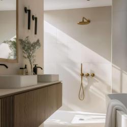 Waterevolution Flow zestaw prysznicowy podtynkowy z termostatem, deszczownicą i słuchawką prysznicową, szczotkowany mosiądz