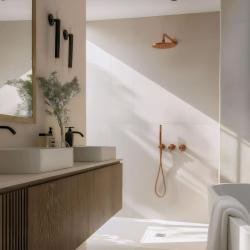 Waterevolution Flow inbouw doucheset met thermostaat regendouche en handdouche geborsteld koper PVD

W tłumaczeniu na język polski:

Zestaw prysznicowy podtynkowy Waterevolution Flow z termos