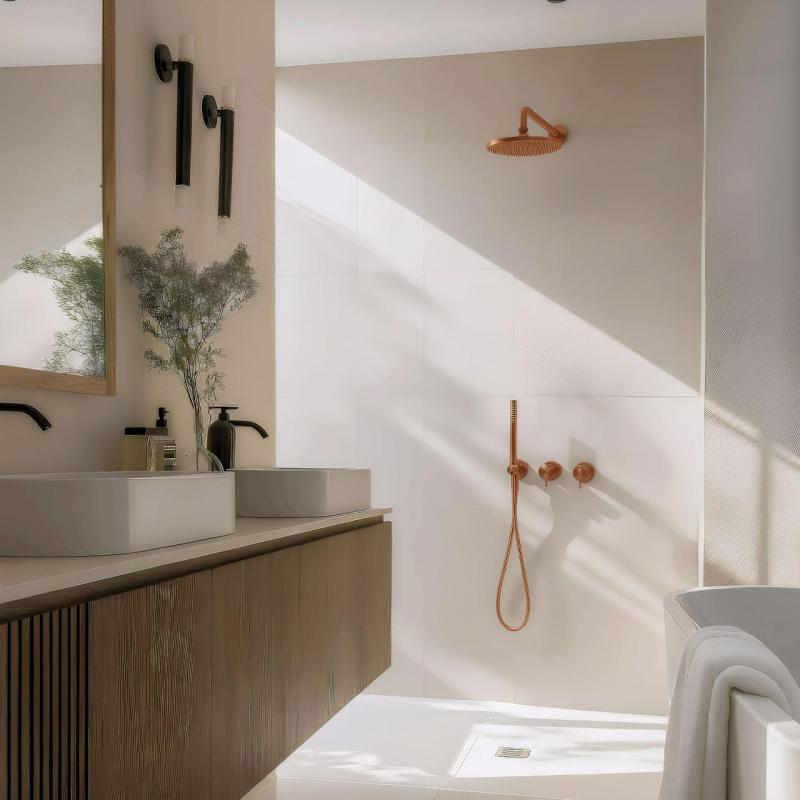 Waterevolution Flow inbouw doucheset met thermostaat regendouche en handdouche geborsteld koper PVD

W tłumaczeniu na język polski:

Zestaw prysznicowy podtynkowy Waterevolution Flow z termos