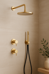 Waterevolution Flow inbouw doucheset met thermostaat regendouche en handdouche geborsteld light gold PVD

---

Zestaw natryskowy podtynkowy Waterevolution Flow z termostatem, deszczownicą i s