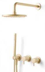 Waterevolution Flow inbouw doucheset met thermostaat regendouche en handdouche geborsteld light gold PVD

---

Zestaw natryskowy podtynkowy Waterevolution Flow z termostatem, deszczownicą i s