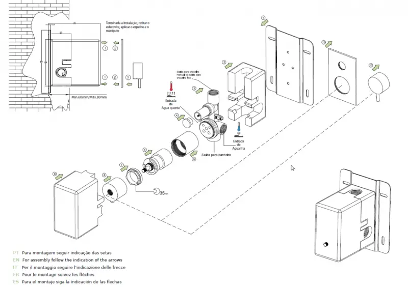Waterevolution Flow inbouw doucheset met thermostaat regendouche en handdouche geborsteld light gold PVD

---

Zestaw natryskowy podtynkowy Waterevolution Flow z termostatem, deszczownicą i s