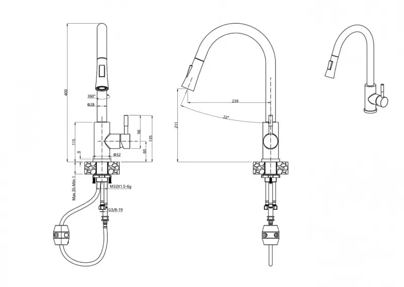 Quadri Leeds kuchenny kran z wyciąganą wylewką z dwoma trybami, szczotkowana stal 1208955909