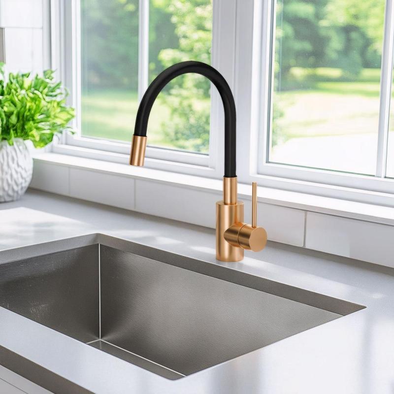 Quadri Bristol kraan do kuchni z elastyczną czarną wylewką PVD szczotkowana miedź 1208955984