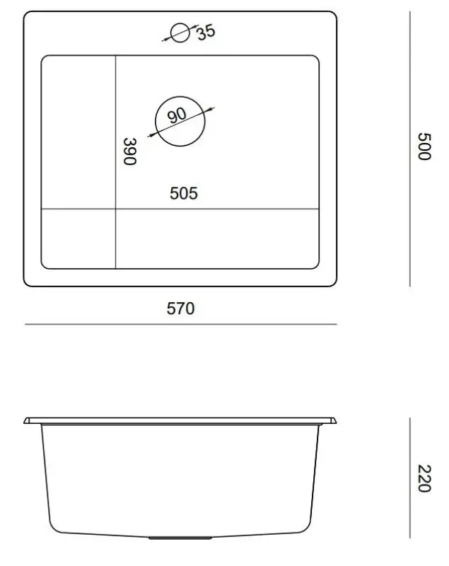 Quadri Sheffield czarny granitowy zlewozmywak wpuszczany 57x50 cm z miejscem na baterię i miedzianym korkiem 1208956115