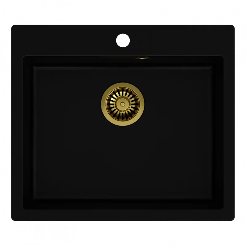 Quadri Sheffield czarny granitowy zlewozmywak do zabudowy 57x50cm z otworem na baterię i złotym korkiem 1208956116